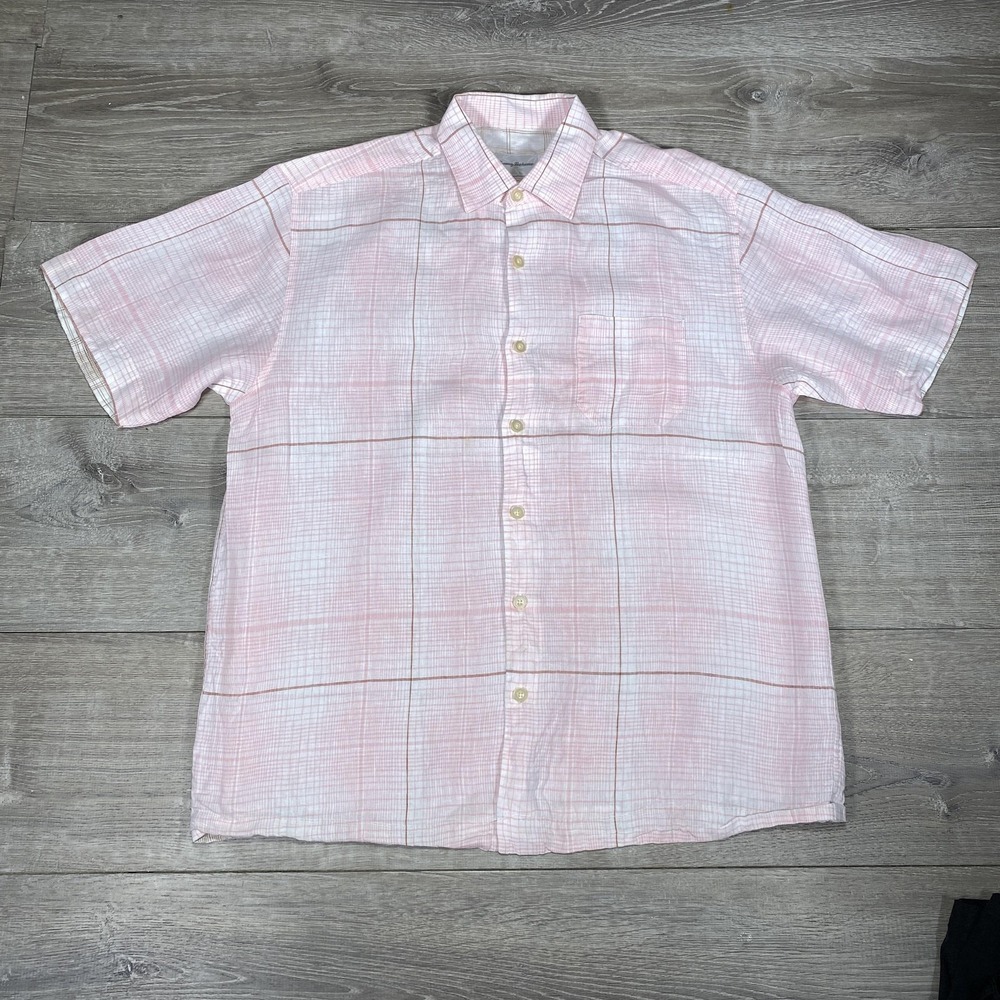 Tommy Bahama Shirt Mens Large Pink Plaid 100% Linen Short Sleeve Button Down